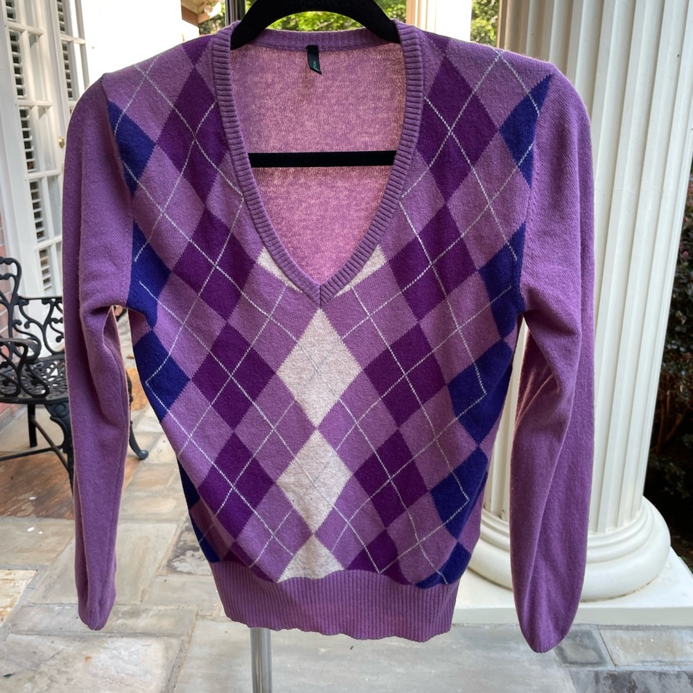 Stile Benetton Argyle V-Neck Wool Sweater